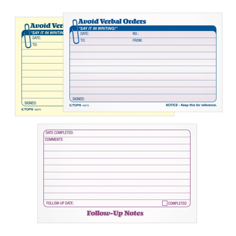 TOPS Avoid Verbal Orders Book, 2-Part, Carbonless, White and Canary, 4.25 x 6.25 Inches, 50 Sets per Book (46373) - Image 2